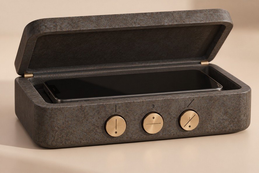 meiro stone phone box with its lid open, a phone inside and three small brass controls