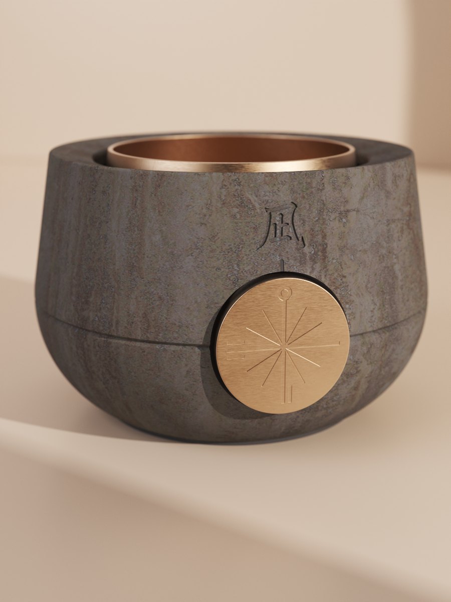 minagi mechanical focus timer: a stone vessel with a brass singing bowl and engraved brass dial